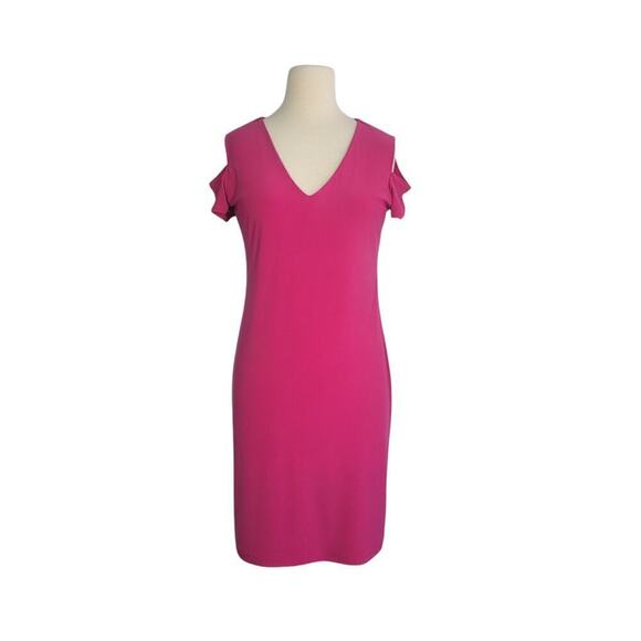 Clara Sunwoo Cold Shoulder Sheath Mini Dress Small Pink V-neck Slinky Stretch - Picture 1 of 9